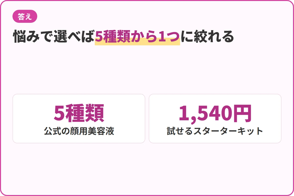悩みで選べば5種類から1つに絞れる